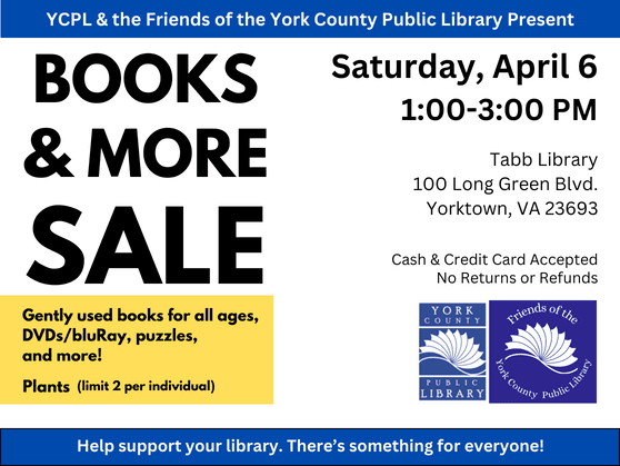 Books & More Sale on April 6, 1-3 pm, Tabb Library